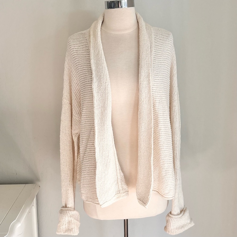Madewell Ribbed Cotton Knit Shawl Collar Open Front Cardigan, Cream, Sz Large